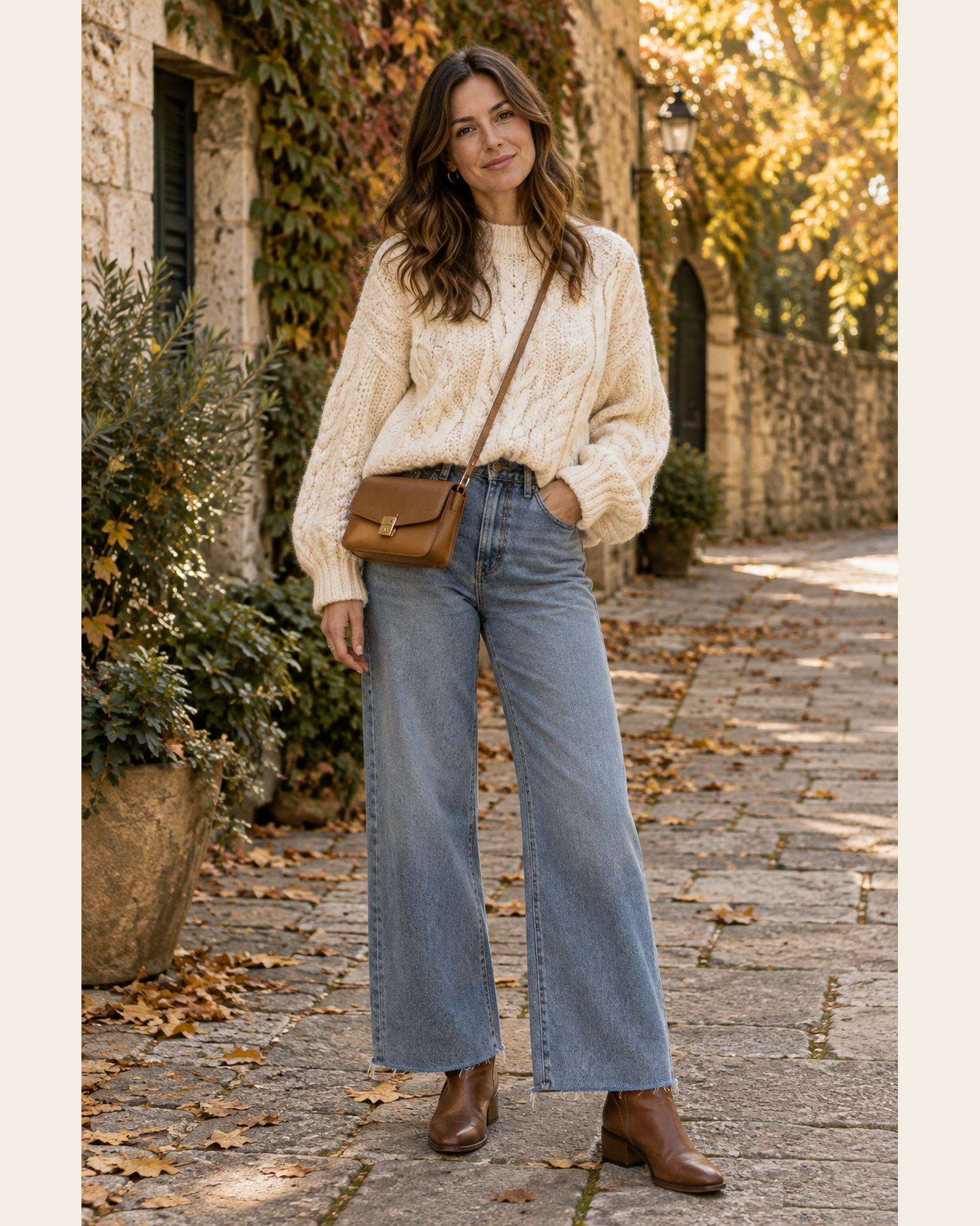 AI-generated image: a fictional model wearing a chunky cream cable-knit sweater, light blue wide-leg jeans with a raw hem, a small camel leather crossbody bag and brown leather ankle boots, on a stone street in autumn.