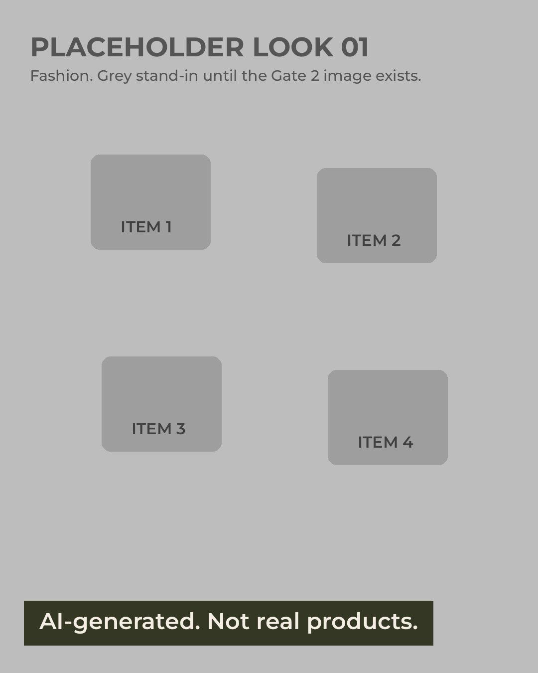AI-generated image: grey placeholder for look 01 with 4 numbered item shapes.
