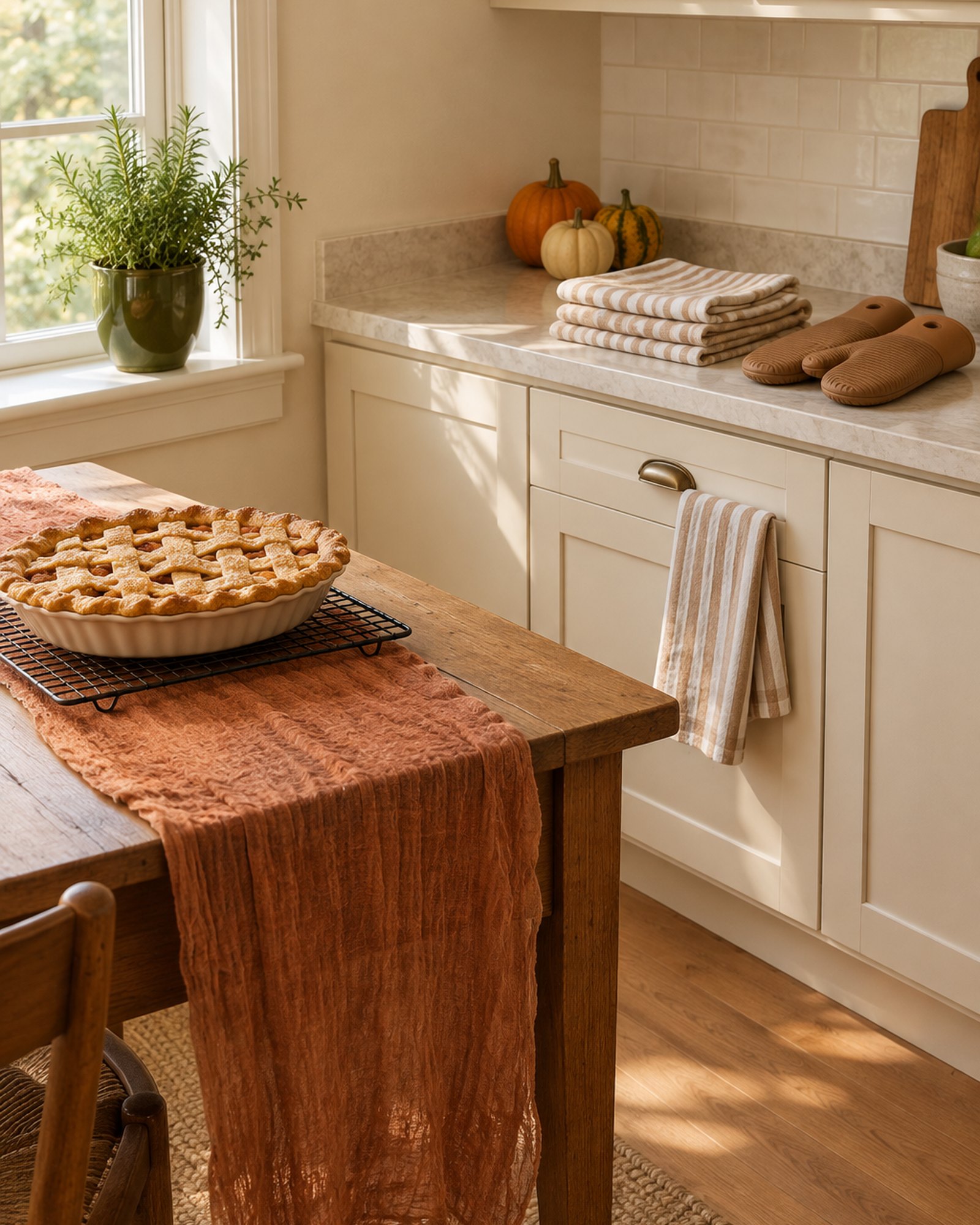 AI-generated image: a styled room: kitchen corner with tan and white striped kitchen towels, tan oven mitts and a terracotta cheesecloth table runner on a wooden table.