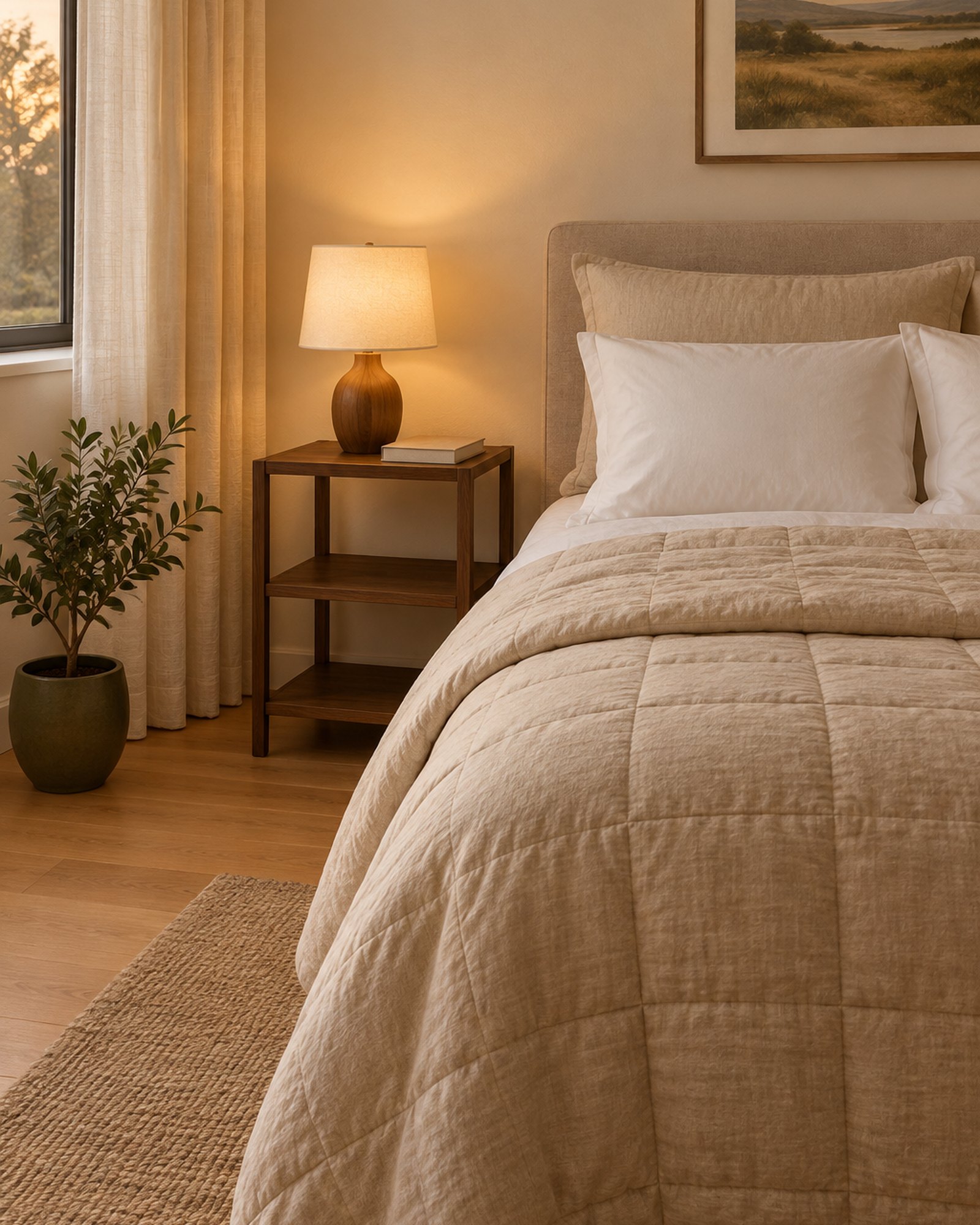 AI-generated image: a styled room with a bed in a beige quilted comforter, white pillows, cream linen curtains, and a walnut three-tier side table holding a lamp with a cream shade.