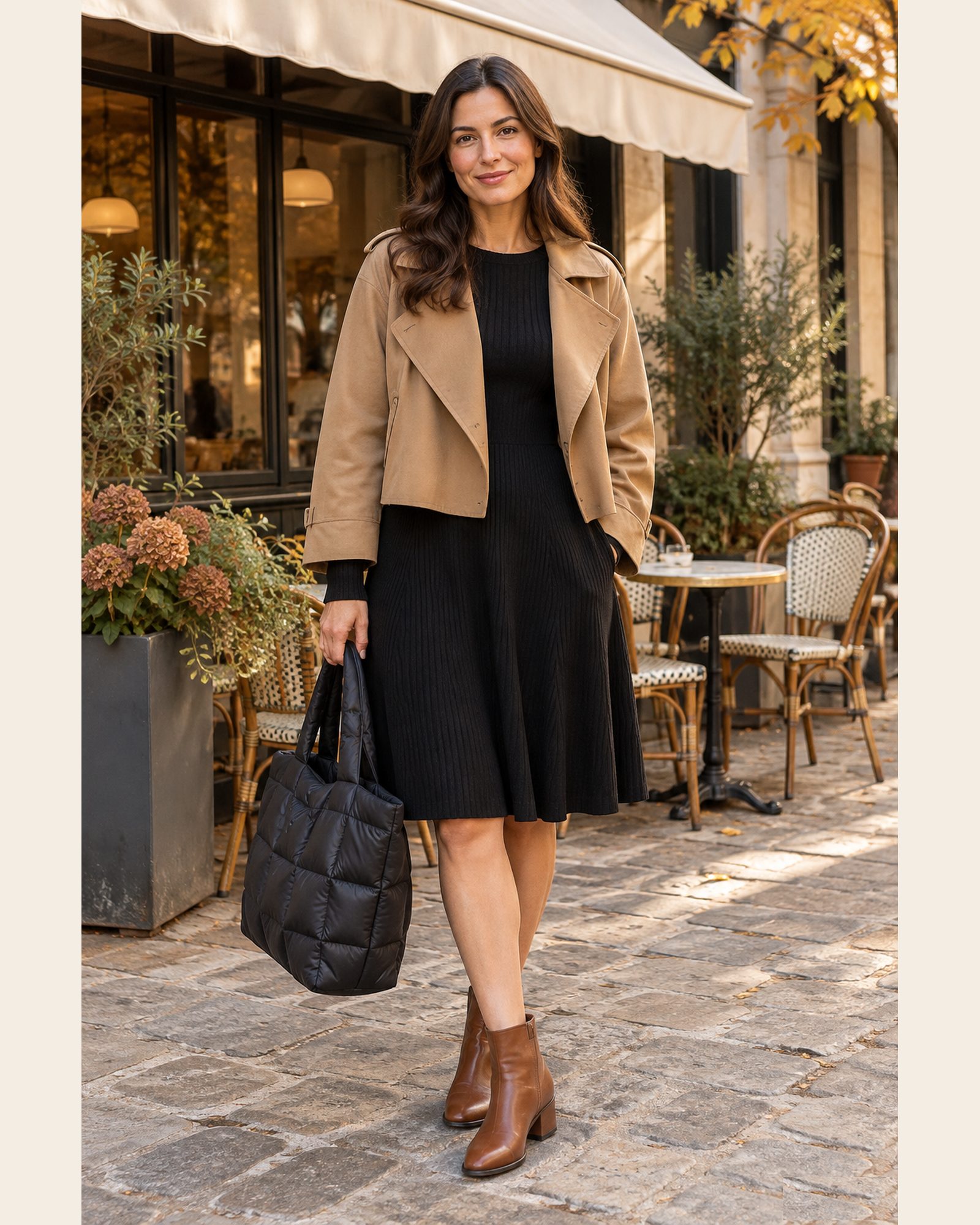 AI-generated image: a fictional model wearing a cropped camel trench coat over a black ribbed sweater dress, cognac ankle boots and a black quilted tote, in front of a cafe.