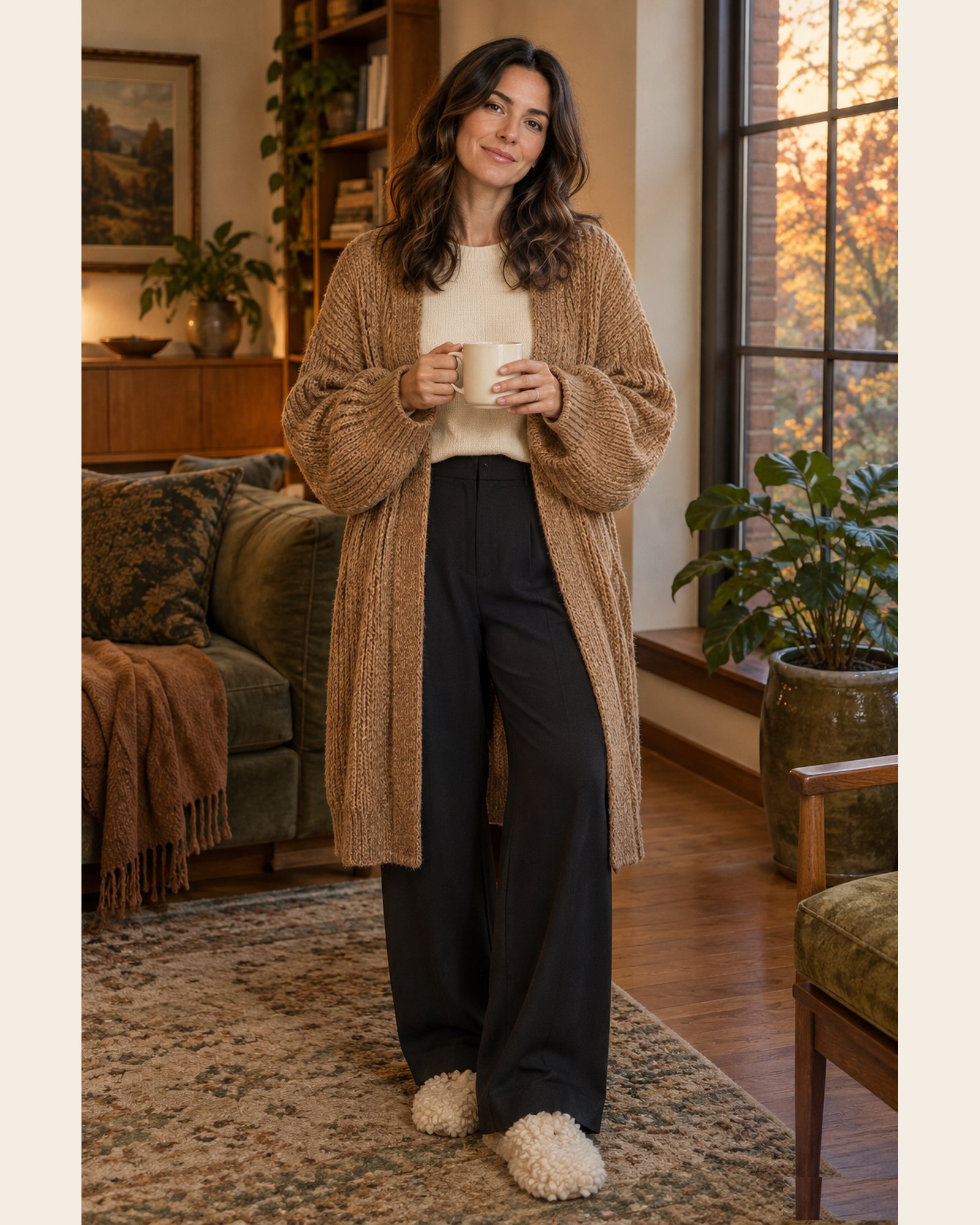 AI-generated image: a fictional model wearing a long camel open-front cardigan, black wide-leg pants and fluffy cream slippers, holding a mug in a cozy living room.