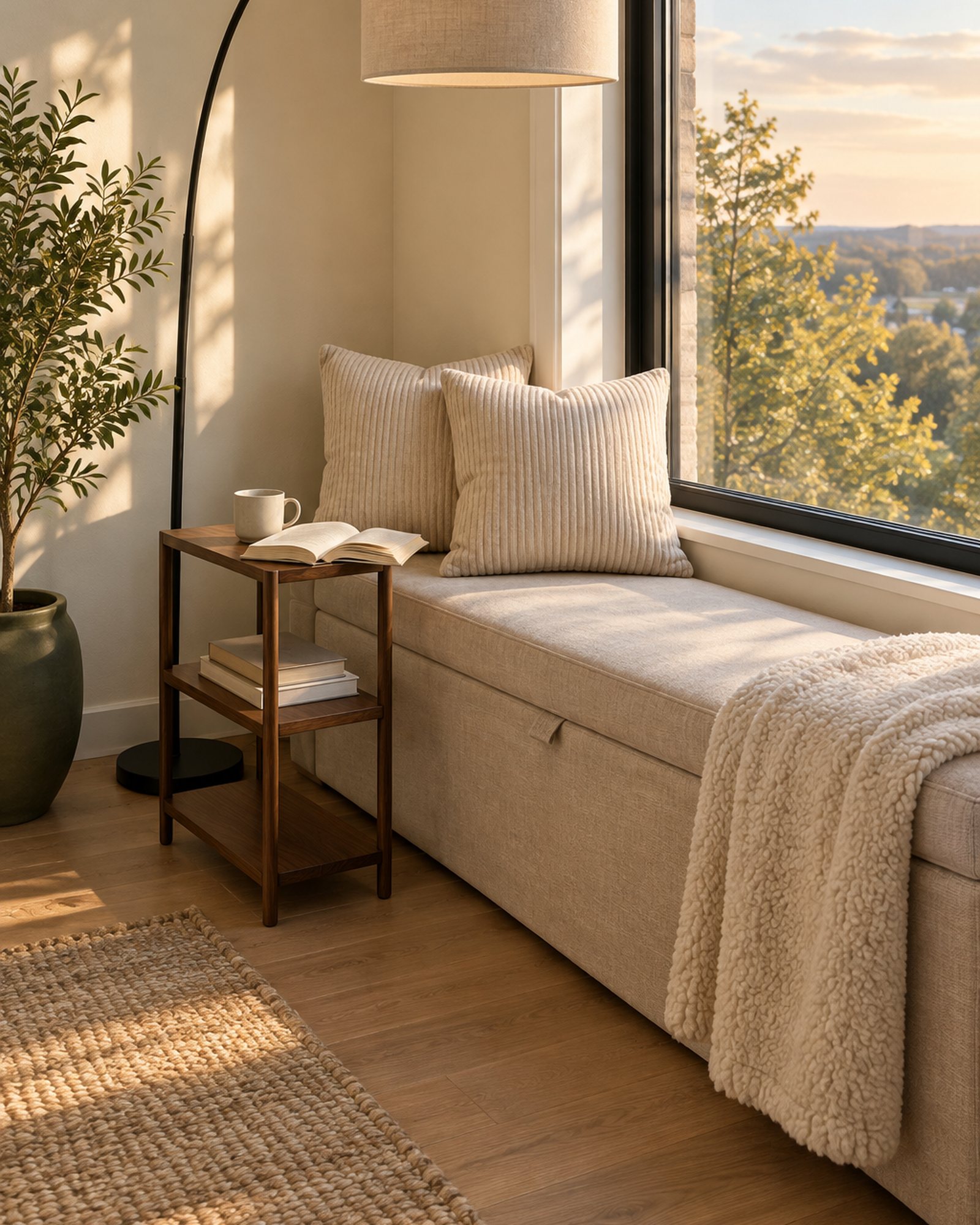 AI-generated image: a styled room: reading nook with a black arc floor lamp with a linen shade, a cream sherpa throw, cream corduroy pillows, a walnut side table and a beige linen storage bench by a window.