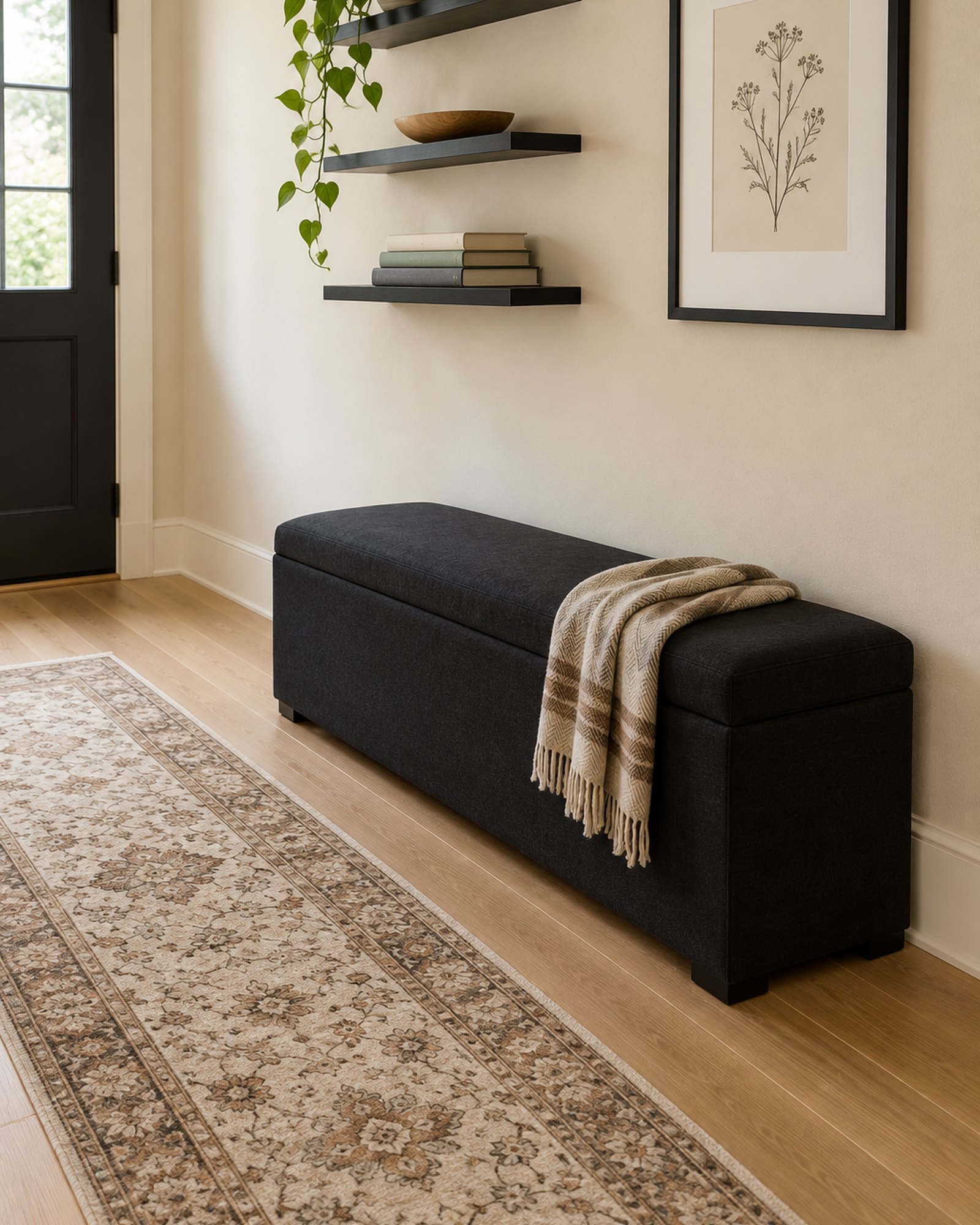 AI-generated image: a styled room: entryway with black floating shelves, a black picture frame with a botanical print, a black upholstered storage bench and a warm brown patterned runner rug.