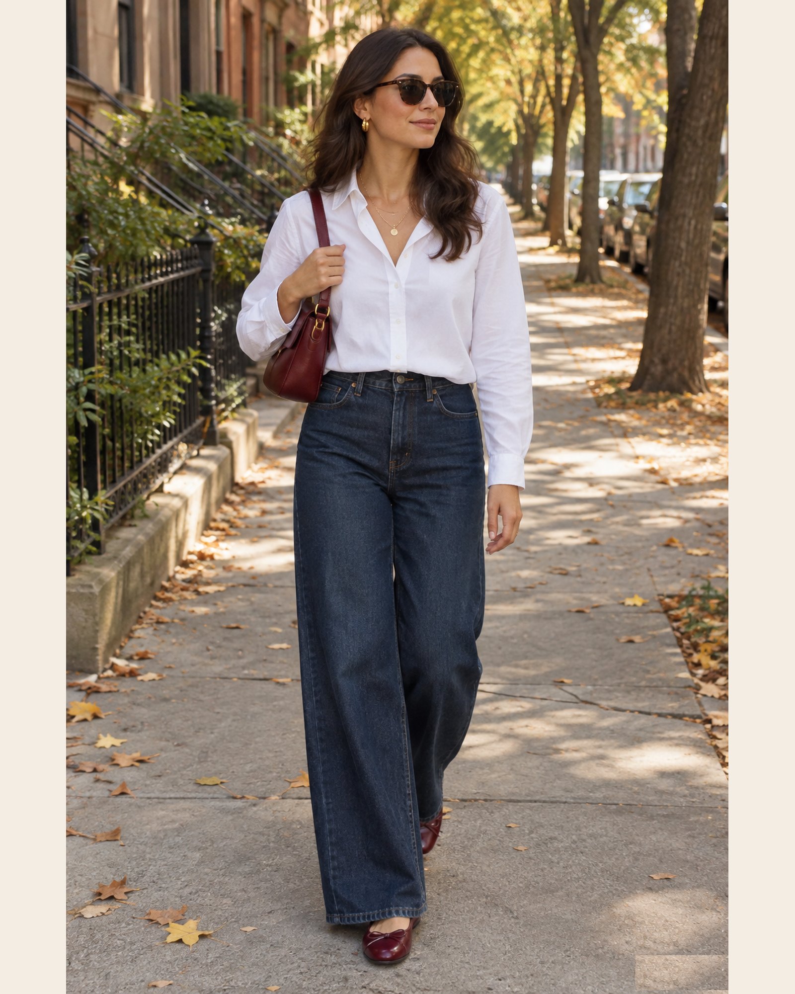 AI-generated image: a fictional model wearing a white button-down shirt, dark wash wide-leg jeans, a burgundy shoulder bag, burgundy bow ballet flats, gold huggie hoops and layered gold necklaces, on a city sidewalk in autumn.