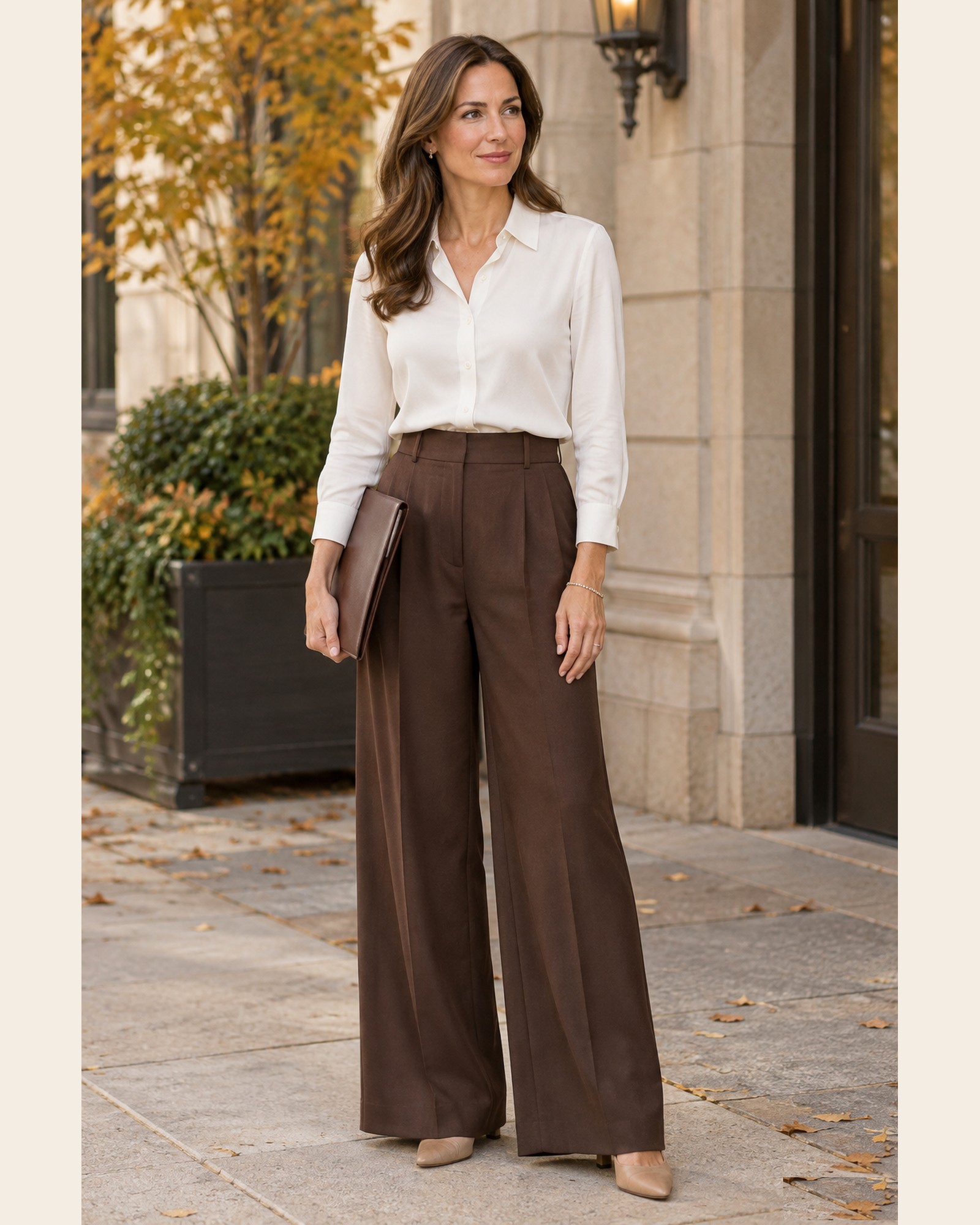 AI-generated image: a fictional model wearing an ivory button-down blouse, chocolate brown pleated wide-leg trousers and a slim gold bracelet, outside a stone building in autumn.