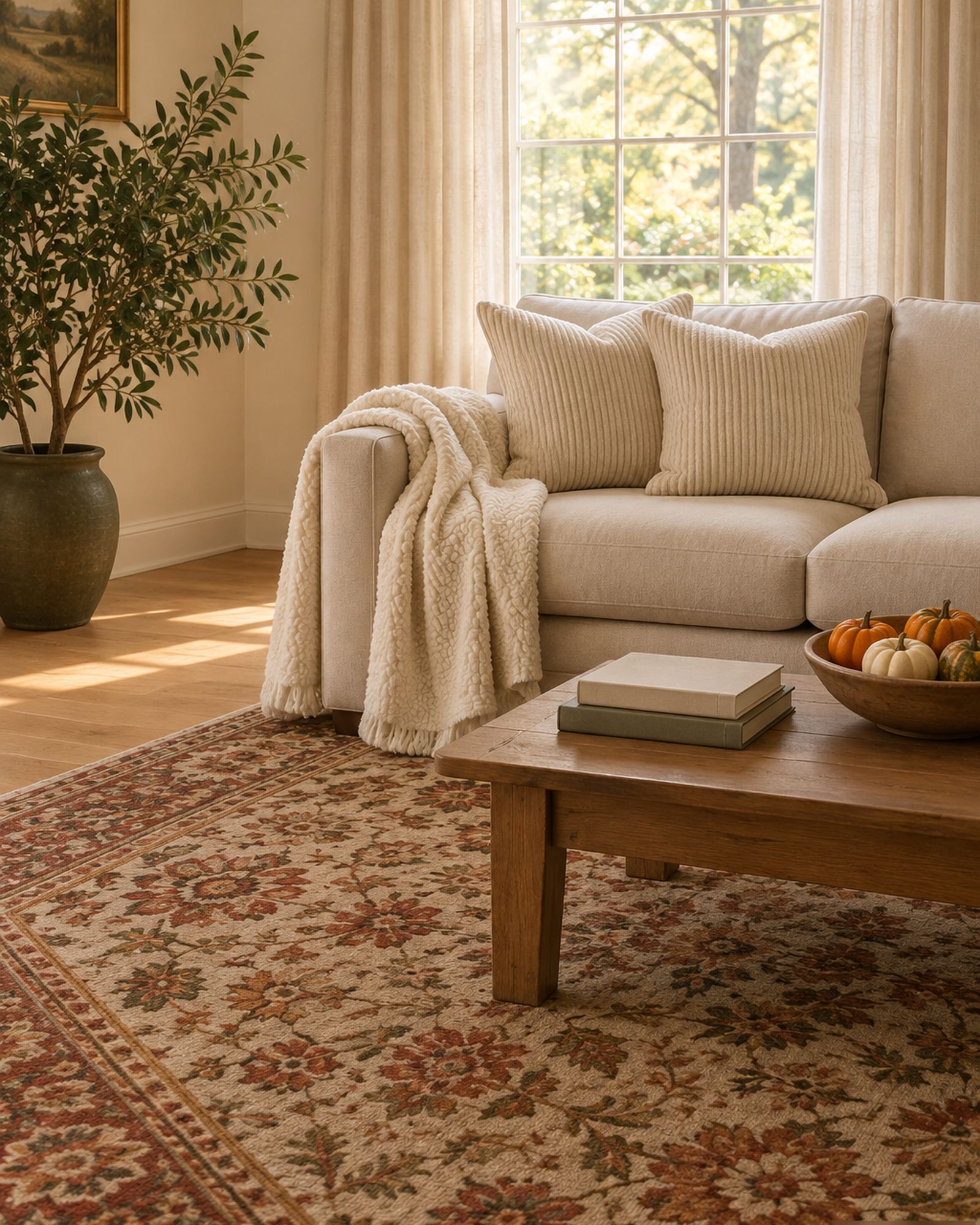 AI-generated image: a styled room with cream linen curtains, an off-white throw, cream corduroy pillows and a brick, brown and green floral area rug in a sunny living room.