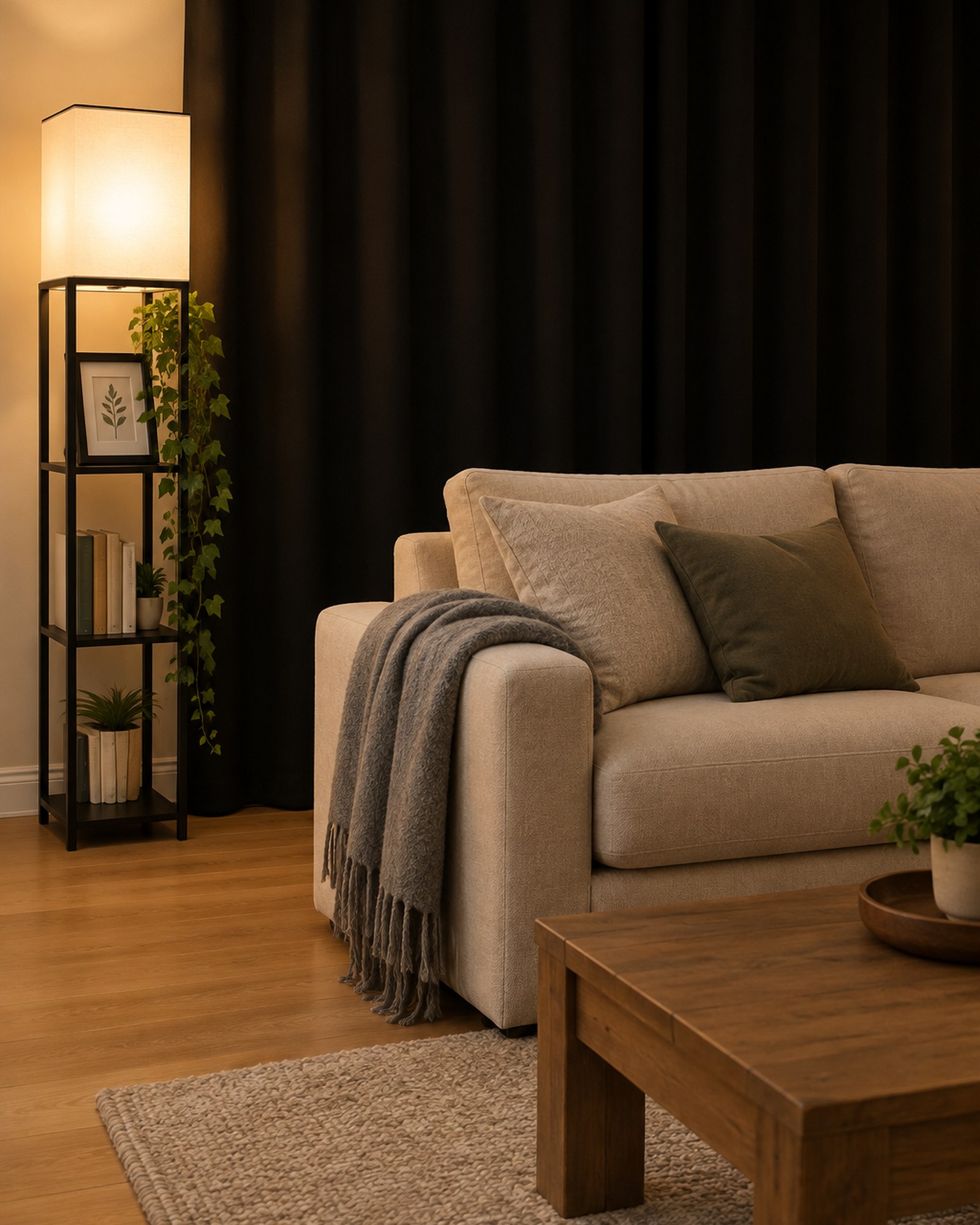 AI-generated image: a styled room: family den with black blackout curtains, a black floor lamp with shelves holding a framed botanical print and trailing faux ivy, and a grey throw on an oatmeal sofa.