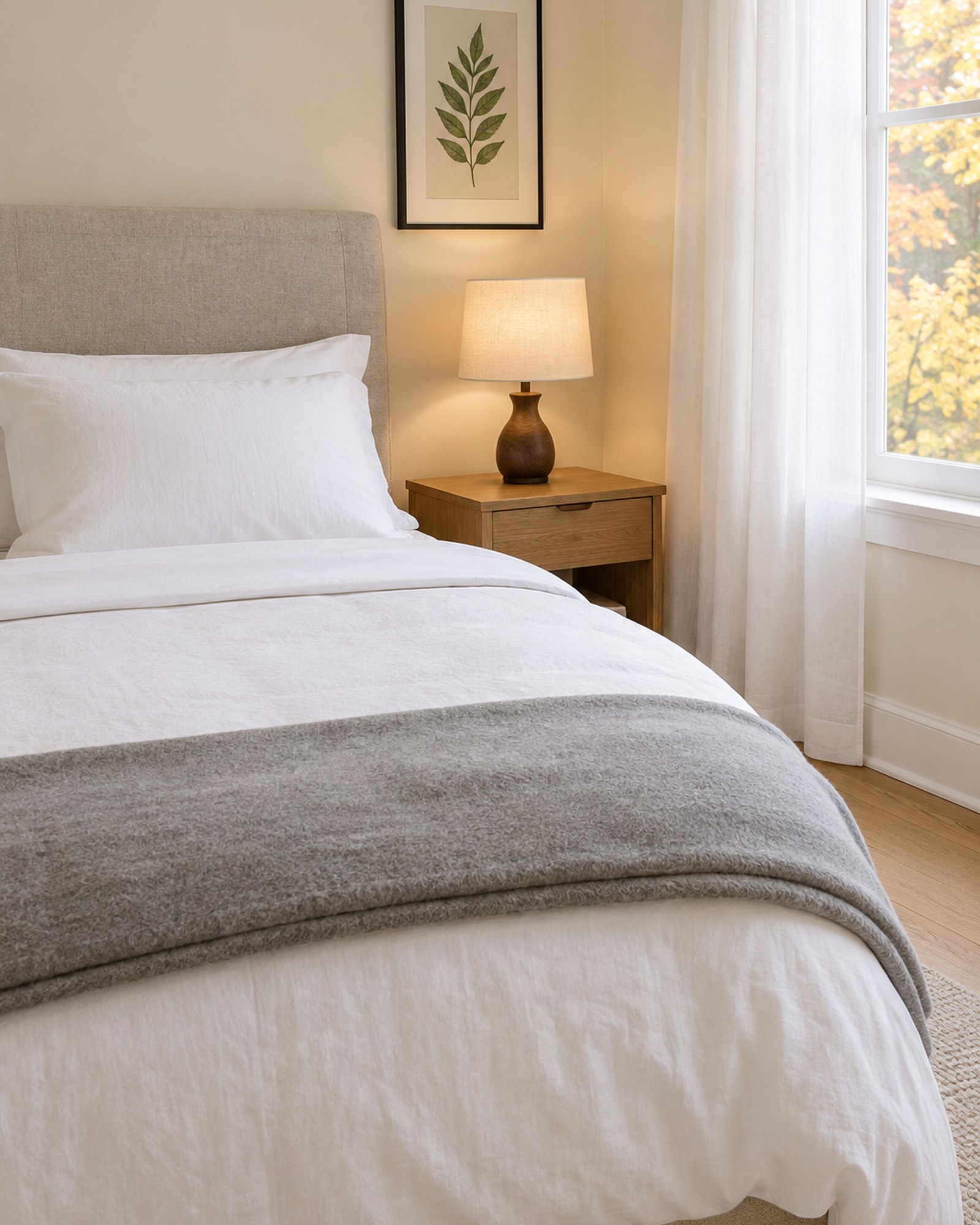 AI-generated image: a styled room: guest bedroom with a white duvet cover, white pillows, a grey blanket folded at the foot of the bed, a walnut table lamp with a linen shade and a black framed leaf print.