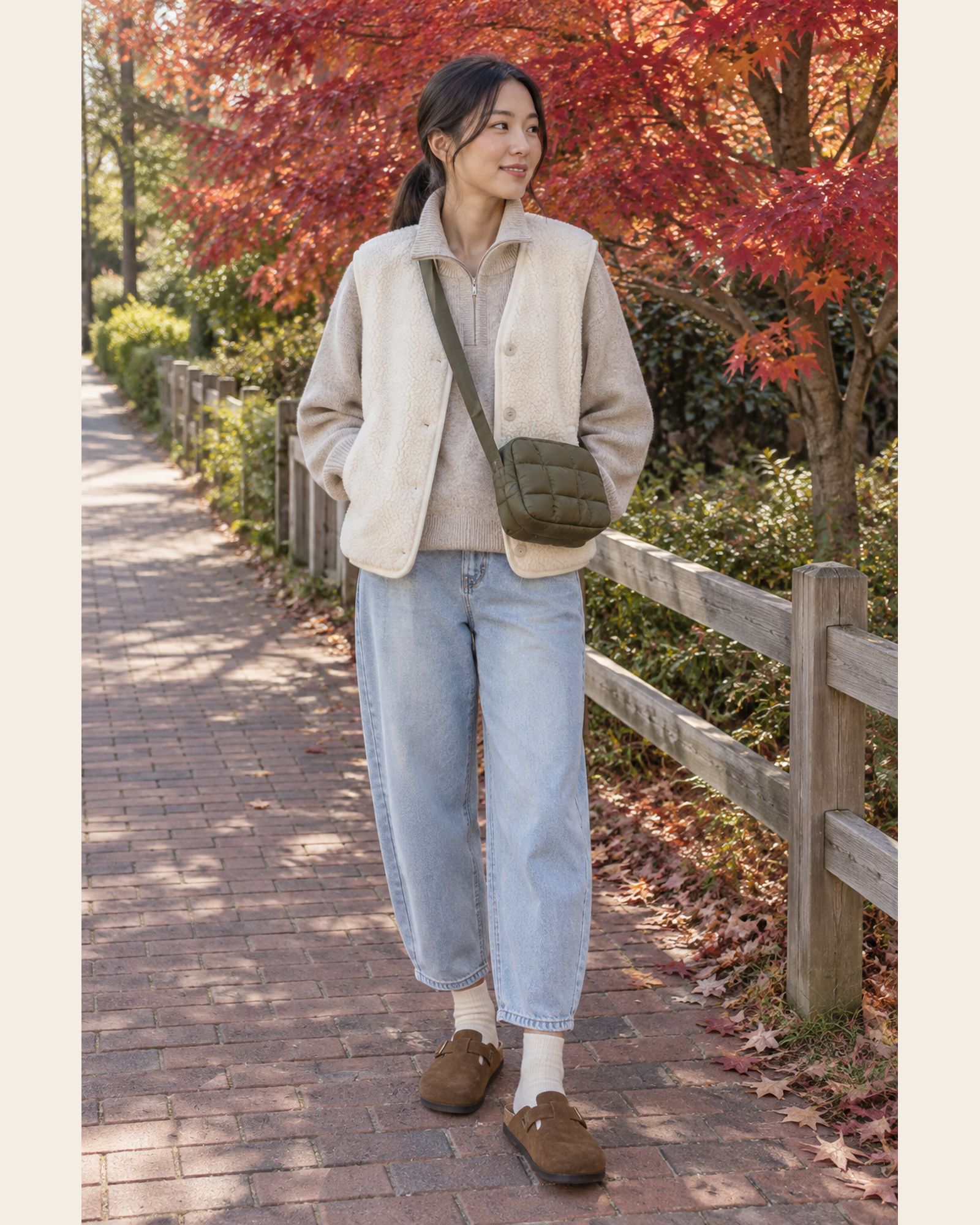 AI-generated image: a fictional model wearing an oatmeal quarter-zip sweater under a cream sherpa vest, light wash barrel jeans, brown suede clogs with cream socks and a small olive quilted crossbody bag, on a brick sidewalk under red autumn leaves.
