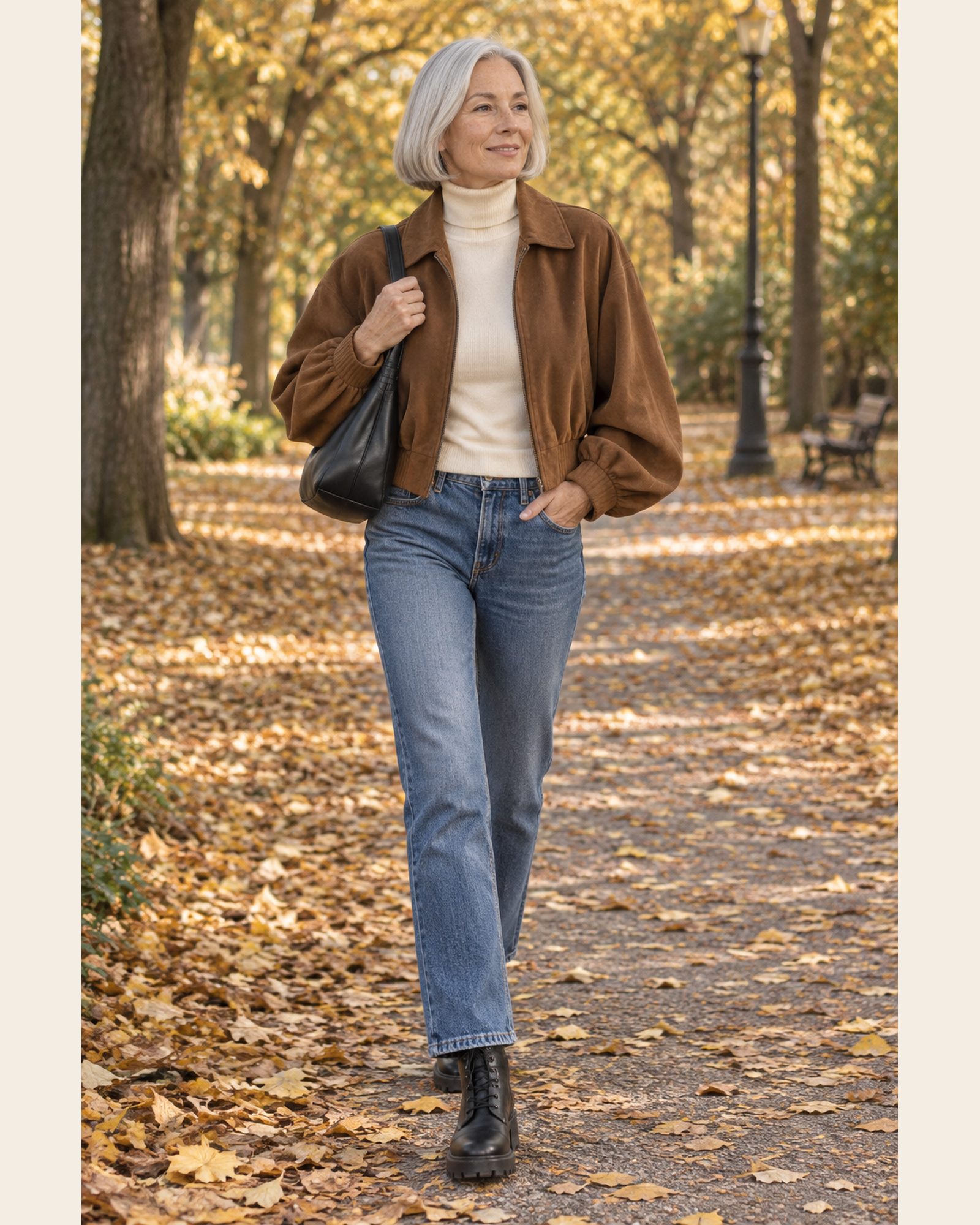 AI-generated image: a fictional model wearing a brown faux suede bomber jacket, a cream turtleneck, mid blue straight-leg jeans, black lace-up lug-sole ankle boots and a small black hobo shoulder bag, on a leafy park path in autumn.