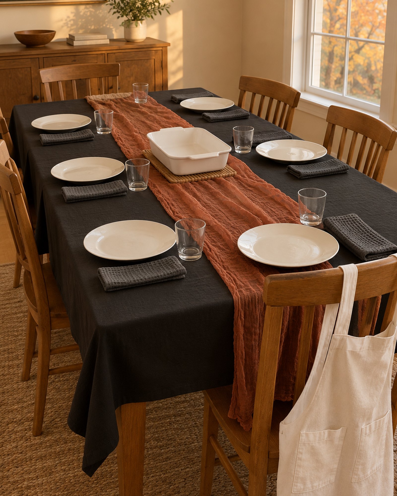 AI-generated image: a styled room: dining table with a black tablecloth, a terracotta cheesecloth runner, dark grey waffle napkins, a white baking dish on a tan pot holder and a white apron hanging on a chair.